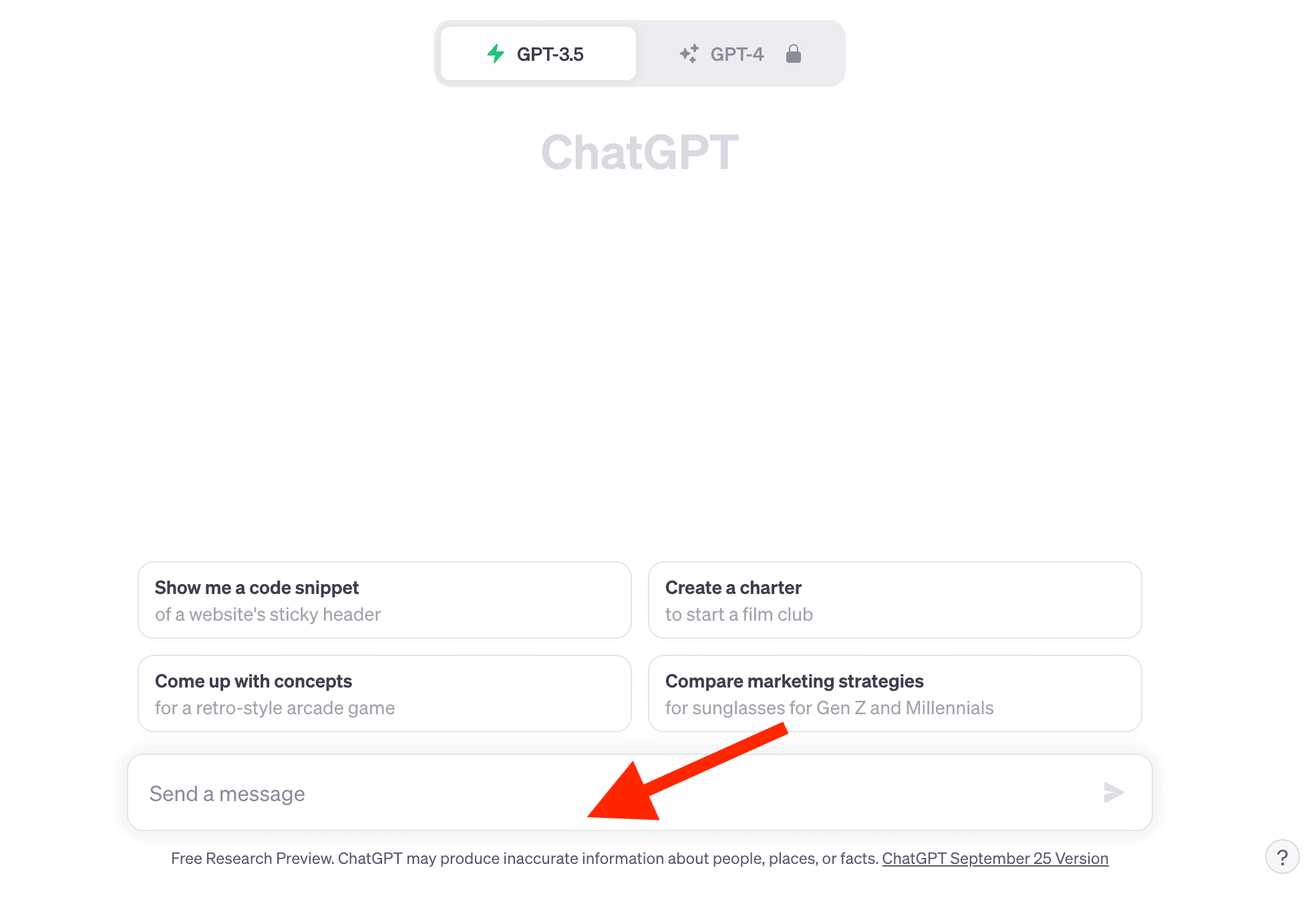 Chat GPT new chat page with an arrow point to the inaccurate content warning